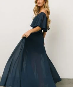 BB Custom Victoria Off Shoulder Maxi Dress | Navy Dresses