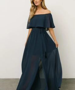 BB Custom Victoria Off Shoulder Maxi Dress | Navy Dresses