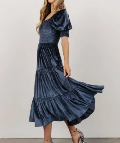 BB Custom Dresses Vivaldi Smocked Velvet Midi Dress | Blue
