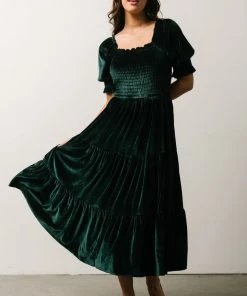 BB Custom Dresses Vivaldi Smocked Velvet Midi Dress | Dark Green