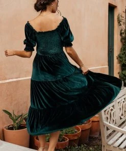 BB Custom Dresses Vivaldi Smocked Velvet Midi Dress | Dark Green