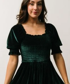 BB Custom Dresses Vivaldi Smocked Velvet Midi Dress | Dark Green