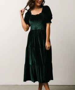 BB Custom Dresses Vivaldi Smocked Velvet Midi Dress | Dark Green