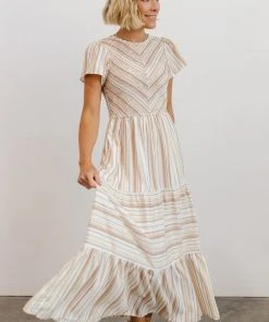 POL Dresses Willow Smocked Maxi Dress | Tan Striped
