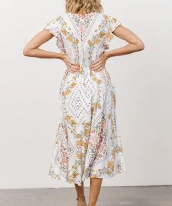 KA Wren Ruffle Sleeve Midi Dress | Ivory Geometric Floral Print Dresses