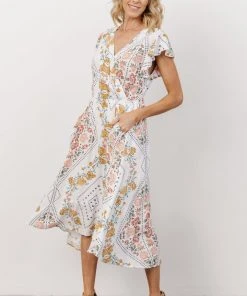 KA Wren Ruffle Sleeve Midi Dress | Ivory Geometric Floral Print Dresses
