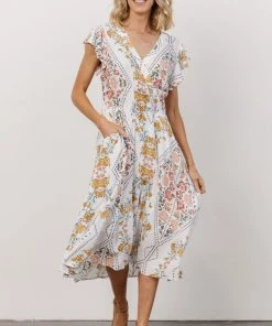 KA Wren Ruffle Sleeve Midi Dress | Ivory Geometric Floral Print Dresses