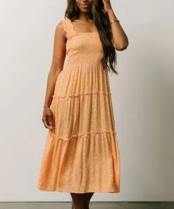 BS Zella Smocked Midi Dress | Orange + Pink Print